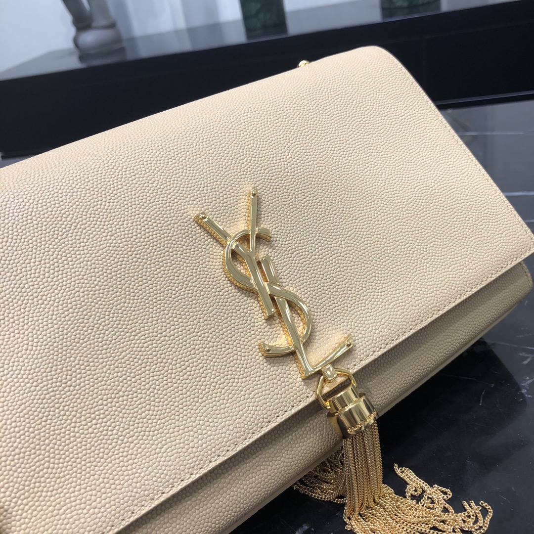 Saint Laurent Kate Tassel Medium Grain Calfskin Shoulder Bag Beige 354119 Gold